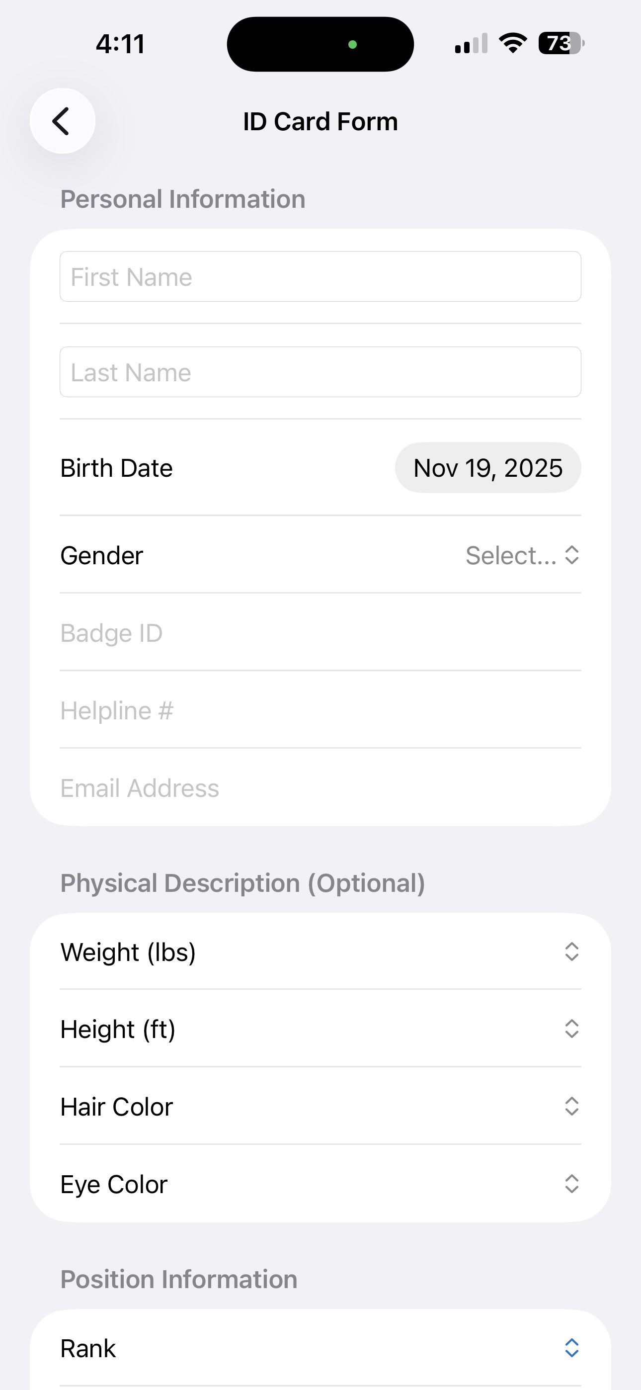 ID card enrollment form for cardholder details in IDPaaS Capture