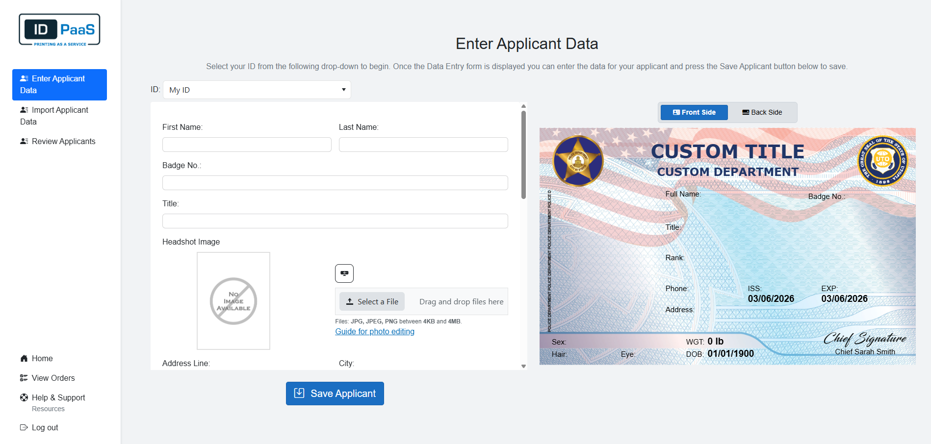 Enter data screen in the IDPaaS portal
