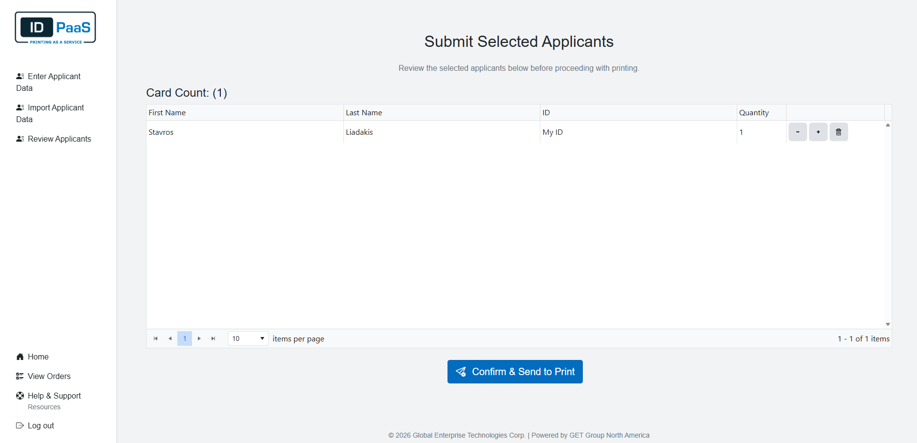 Submit selected applicants screen in the IDPaaS portal