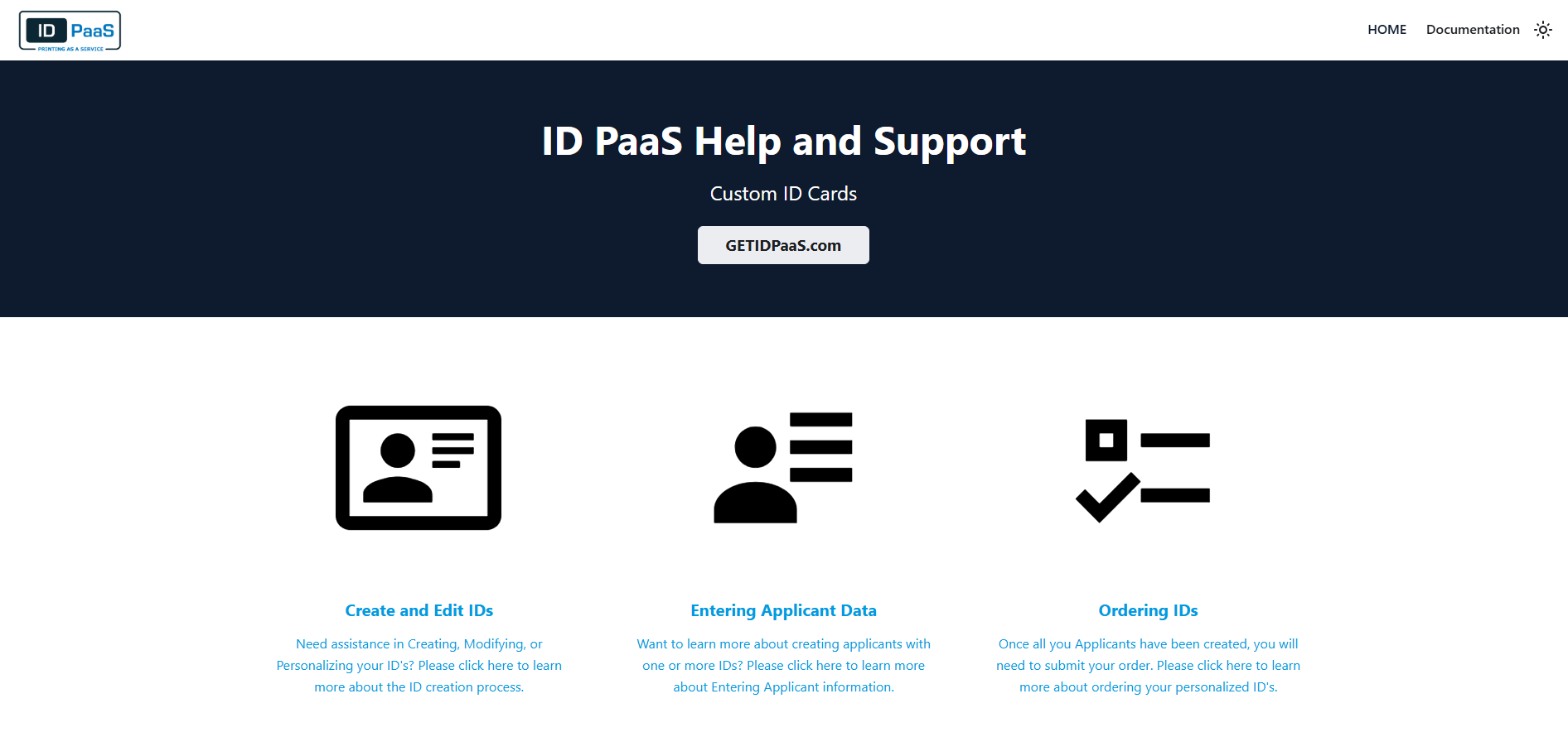 Help Center screen in the IDPaaS portal